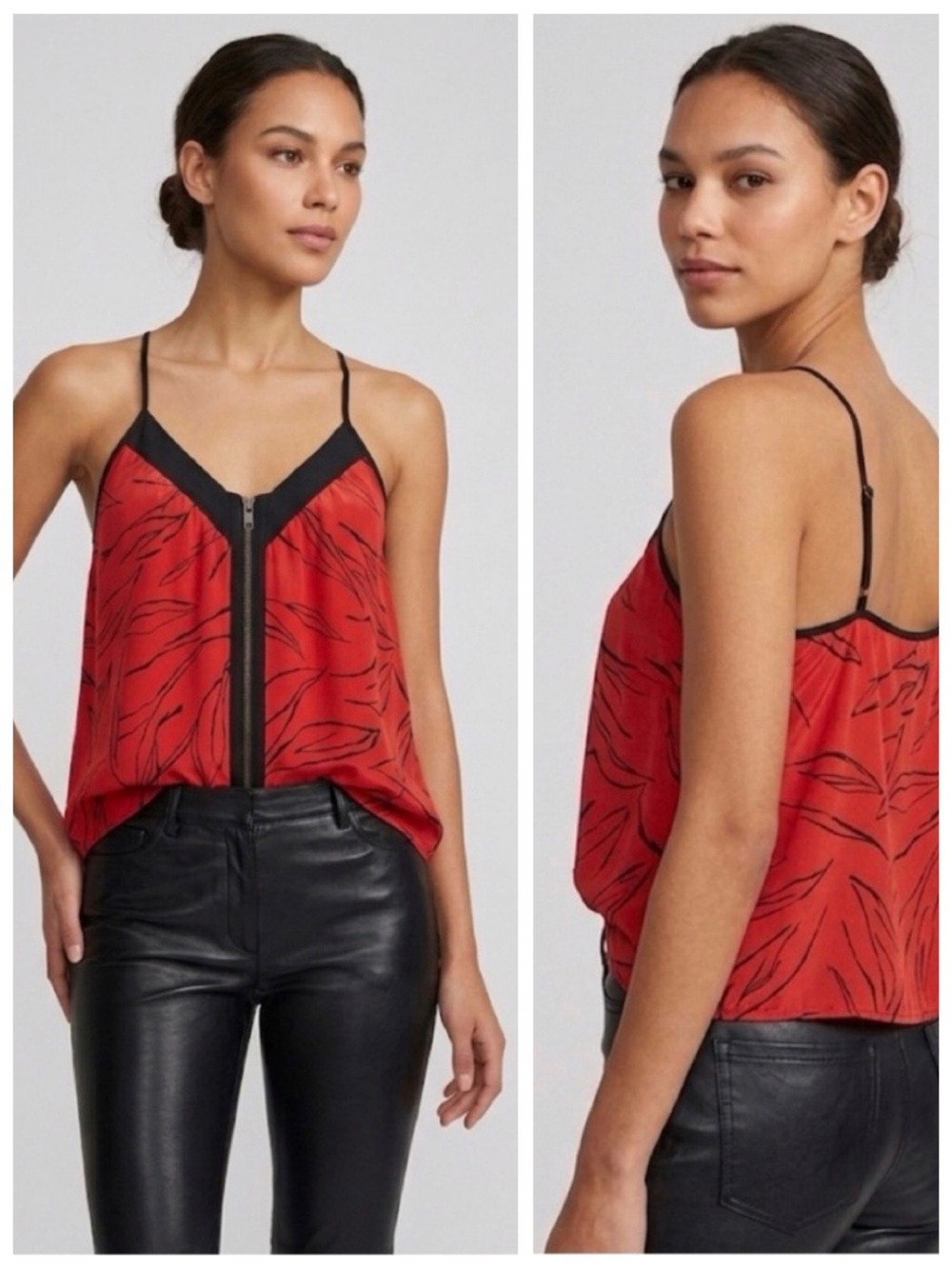Silence + Noise Sleeveless Street Silk Leaf Pattern Zip Cami Blouse Top, sz. XS